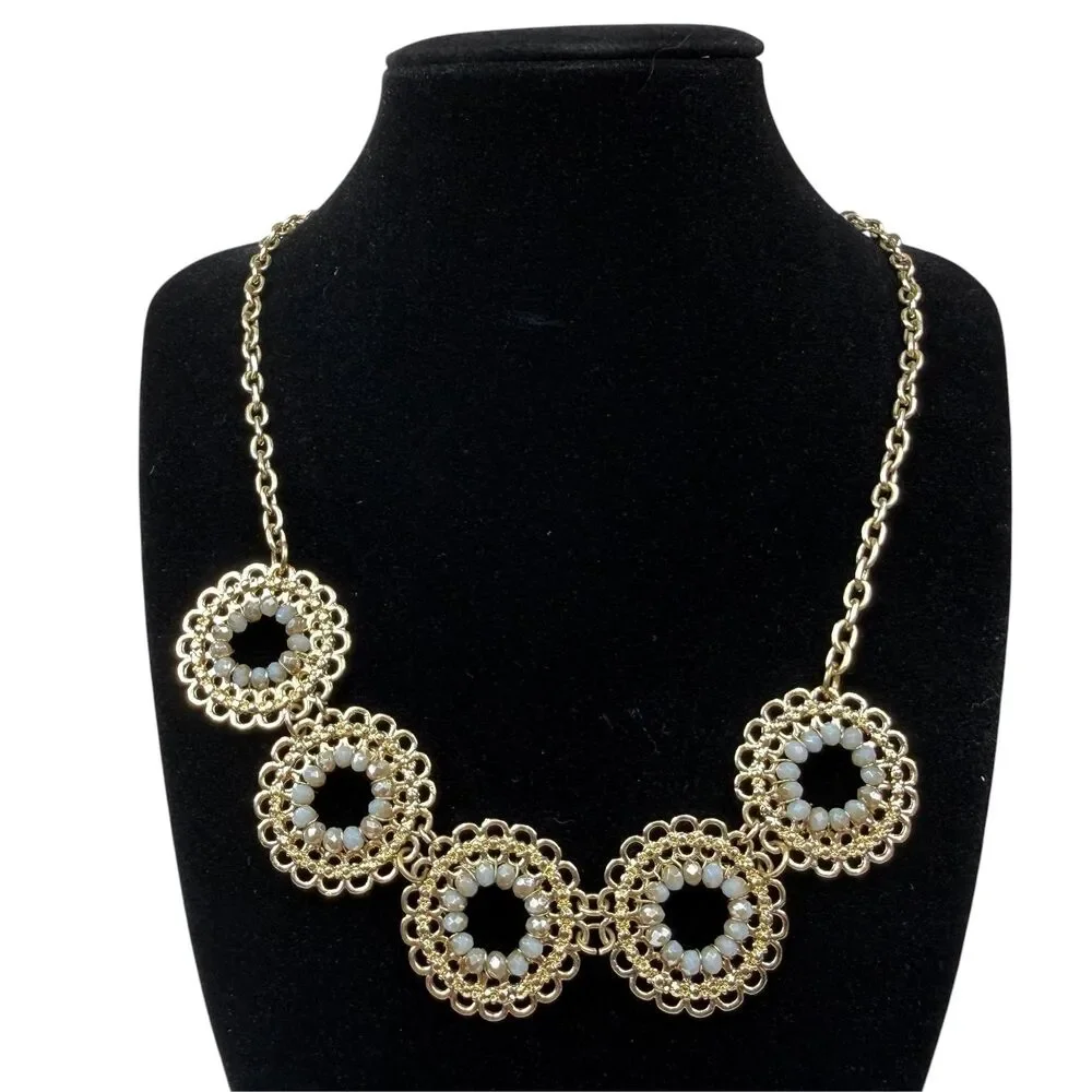 Gold Tone Scalloped Filigree Beaded Statement Collar Necklace Fashion Jewelry 17